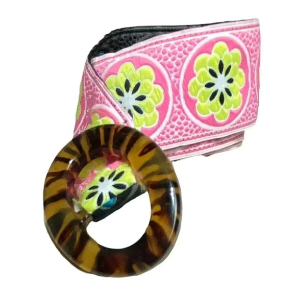 Bohemian pink + blue embroidered reversible belt with turquoise shell buckle L - Picture 3 of 8